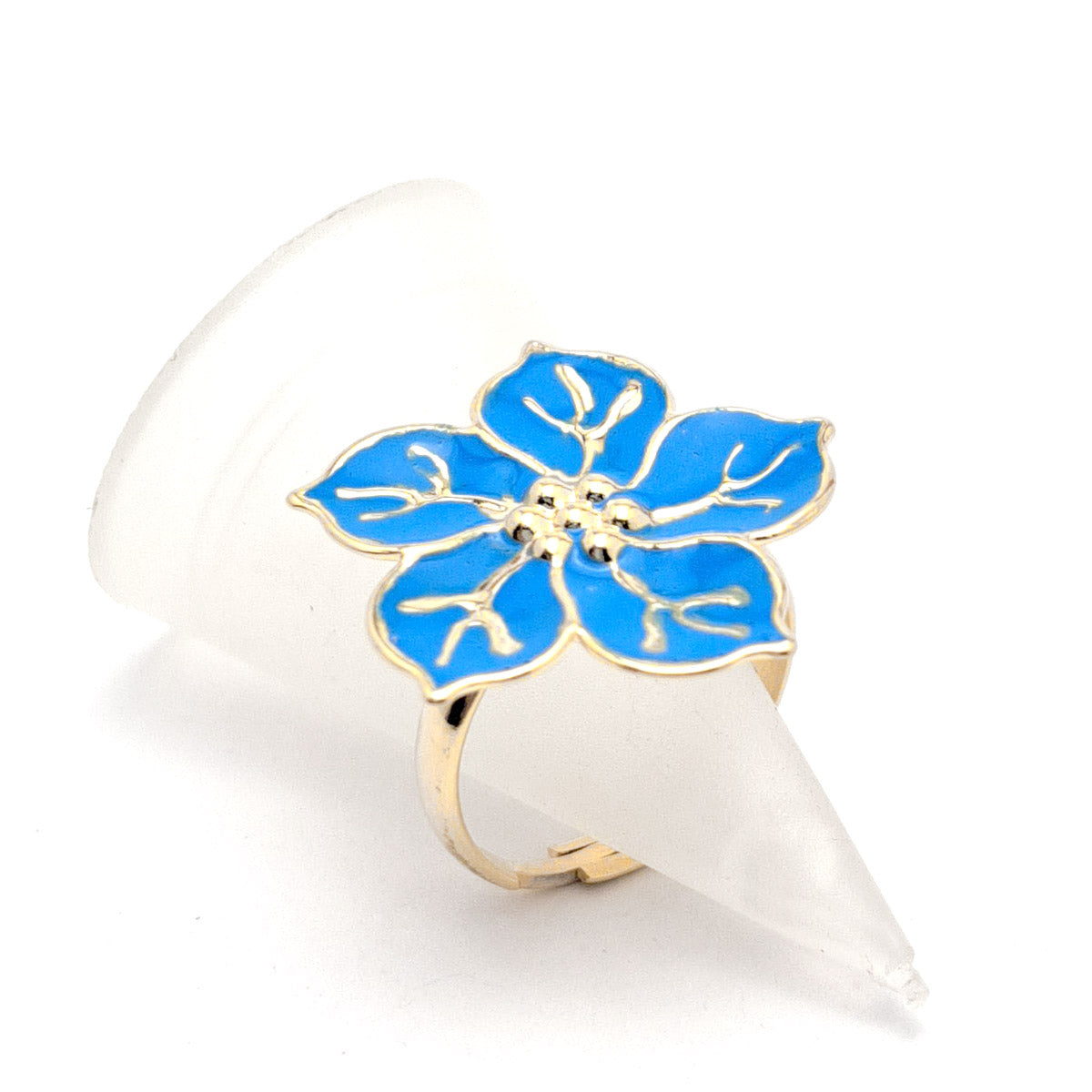 Anel dourado regulável Flor de metal com resina azul